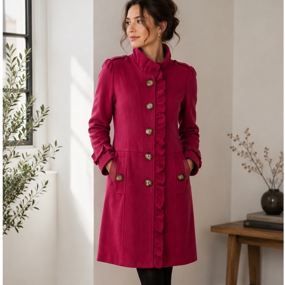 Luii Boiled Wool Ruffle Autumn Coat Women M Pink Button Front Peacoat Romantic